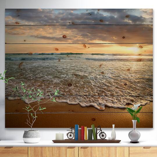 Designart - Bright Cloudy Sunset in Calm Ocean - Seashore Print on Natural Pine Wood